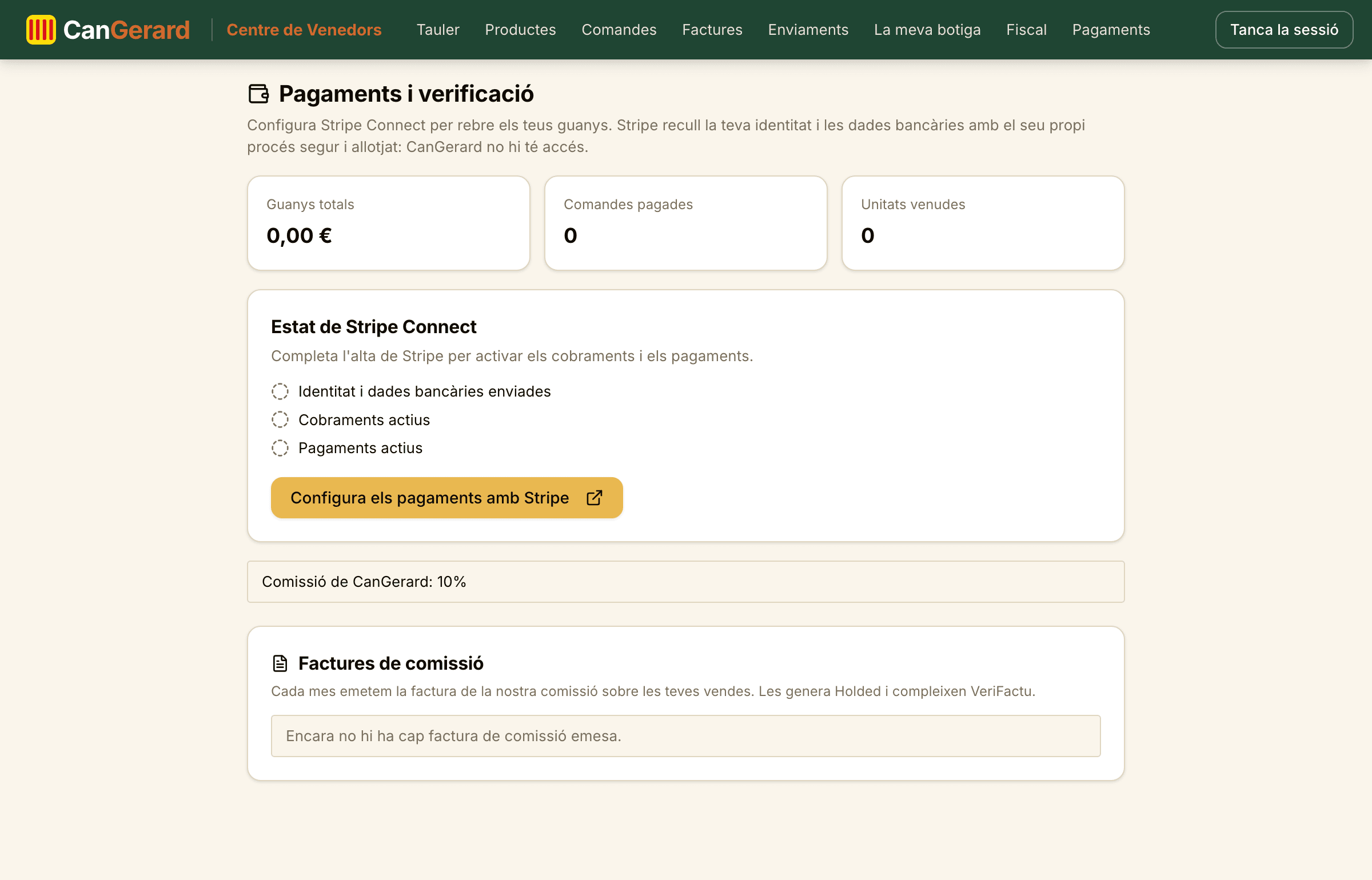 La pàgina Pagaments: estat de Stripe, guanys i factures de comissió.