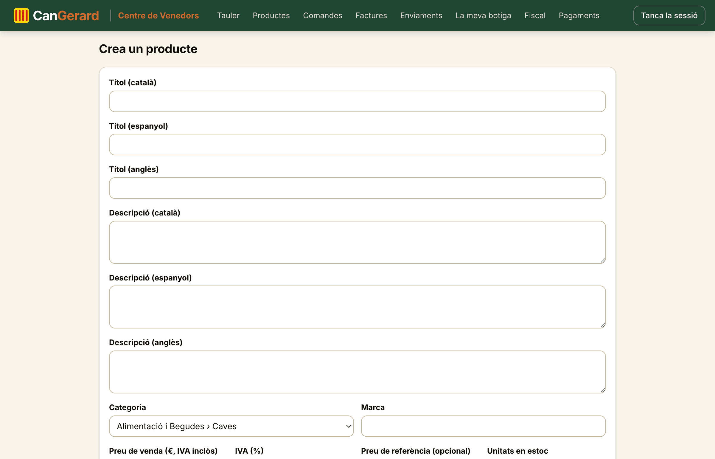 El formulari de creació de producte amb la informació bàsica.
