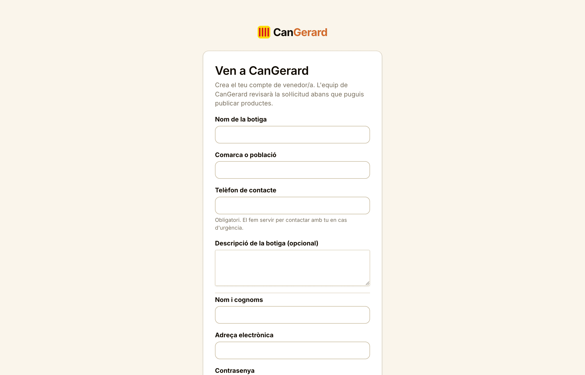 El formulari de registre de venedor/a (compte nou).