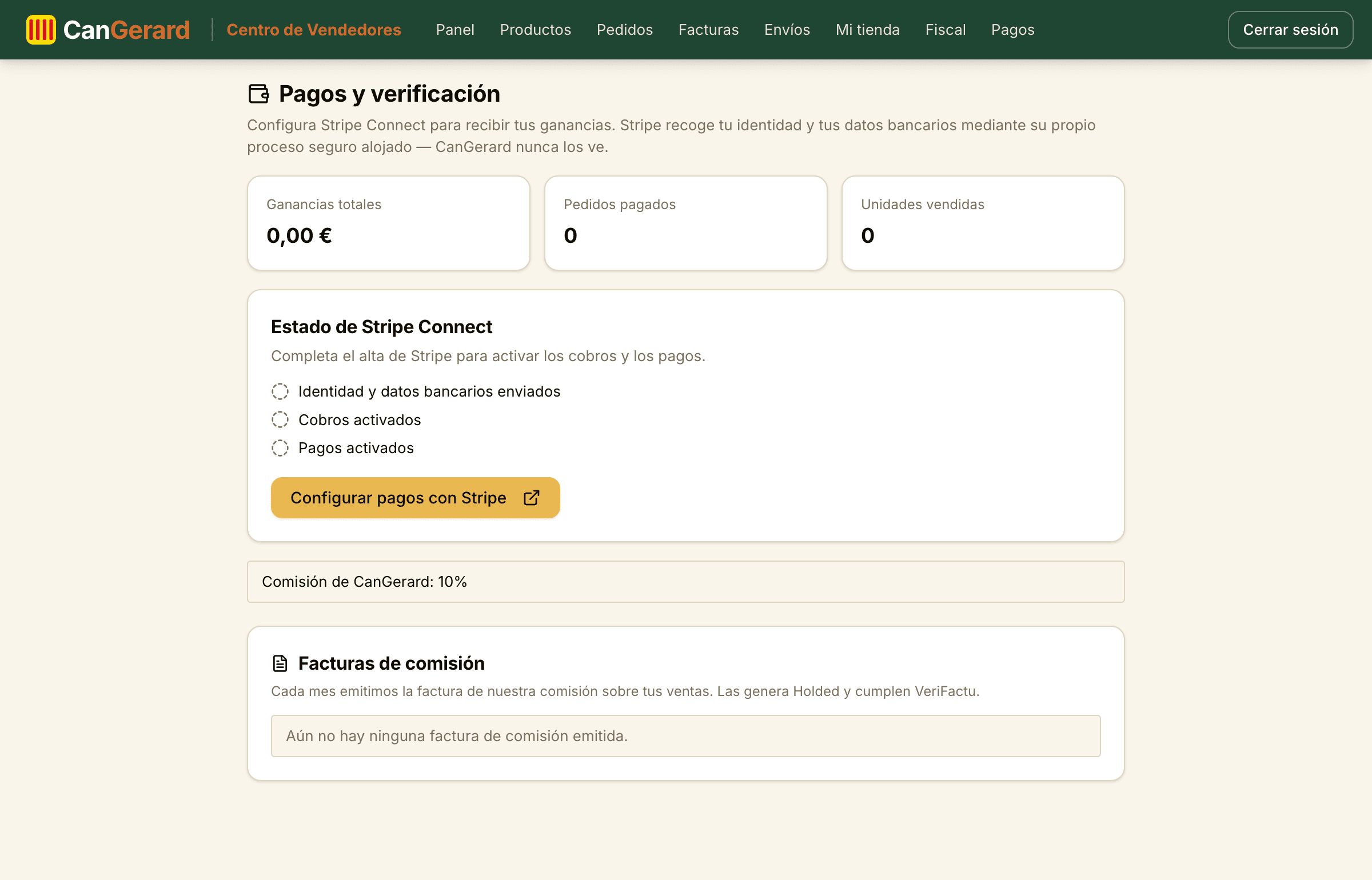 La página Pagos: estado de Stripe, ganancias y facturas de comisión.