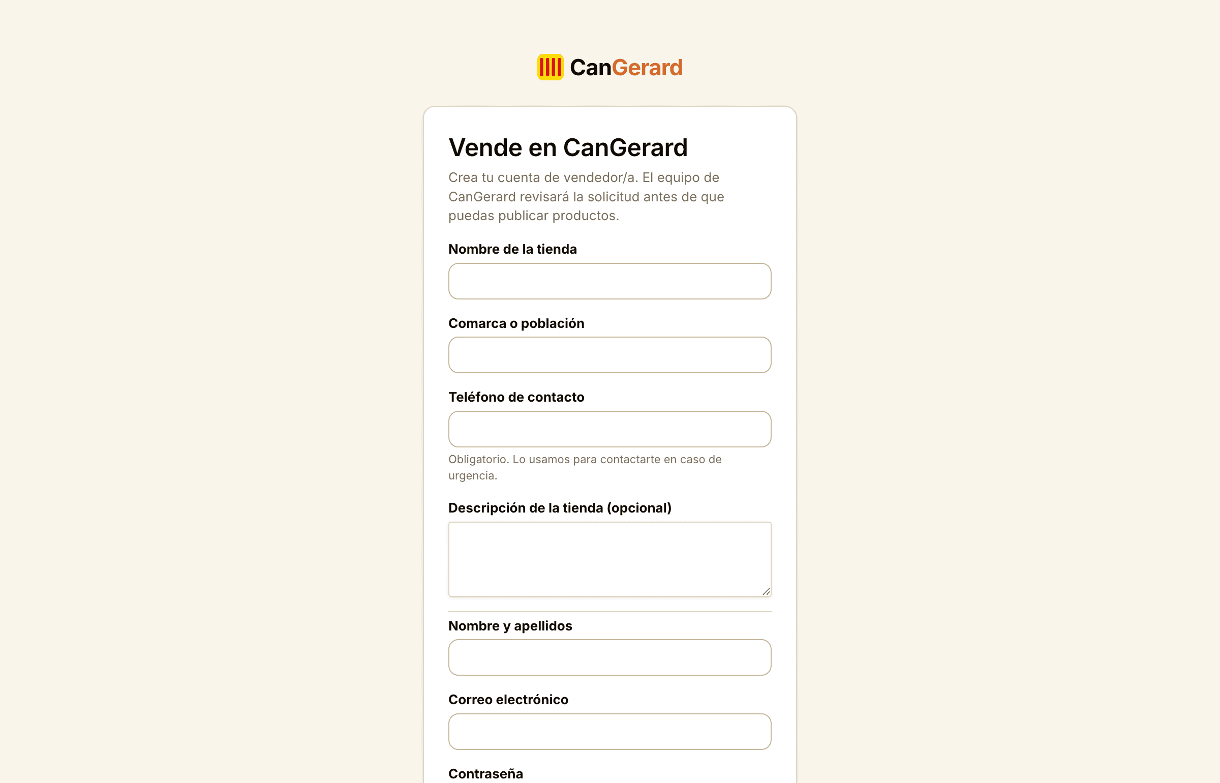 El formulario de registro de vendedor/a (cuenta nueva).