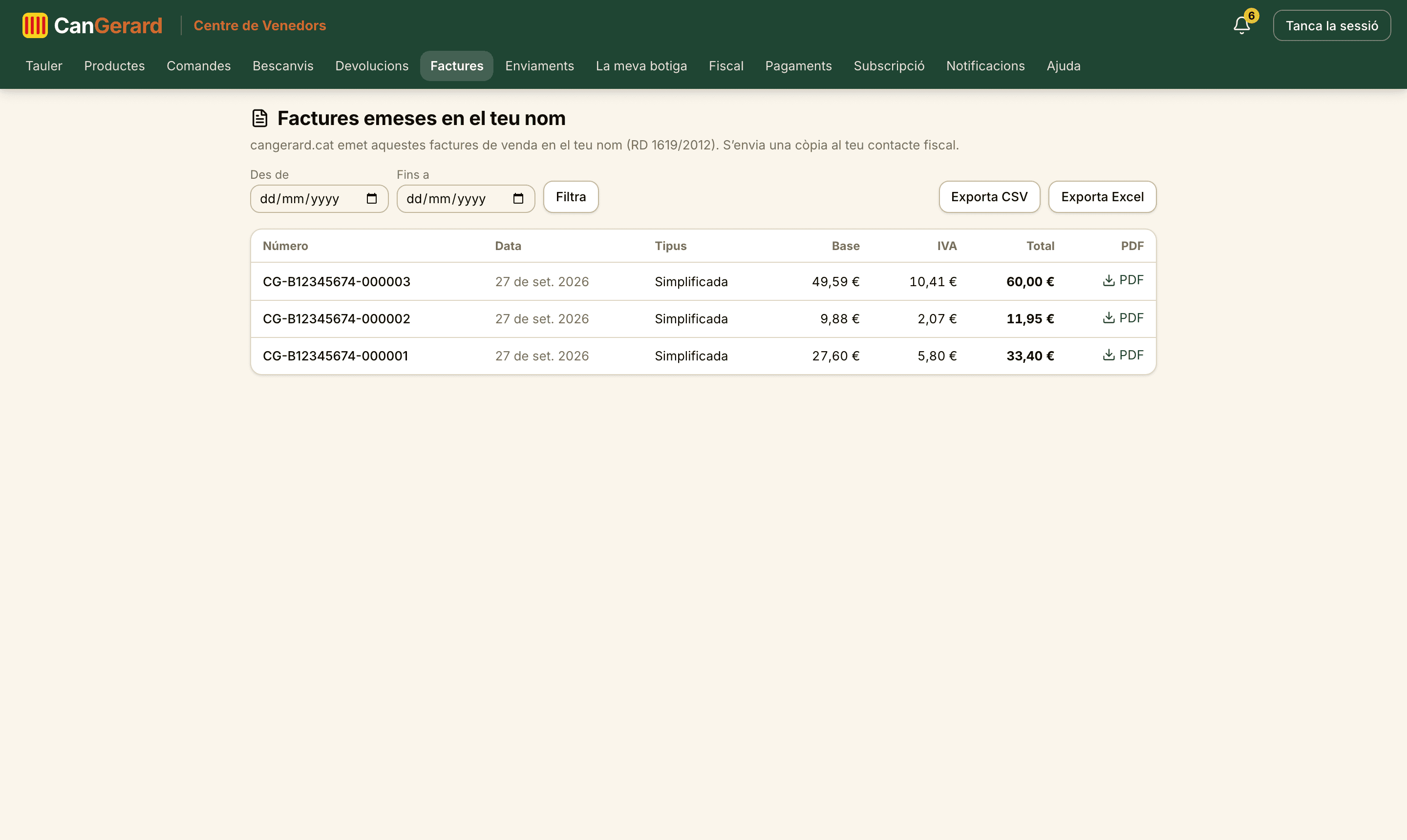 Les factures de venda emeses en el teu nom, amb filtres per dates i exportació a CSV/Excel.