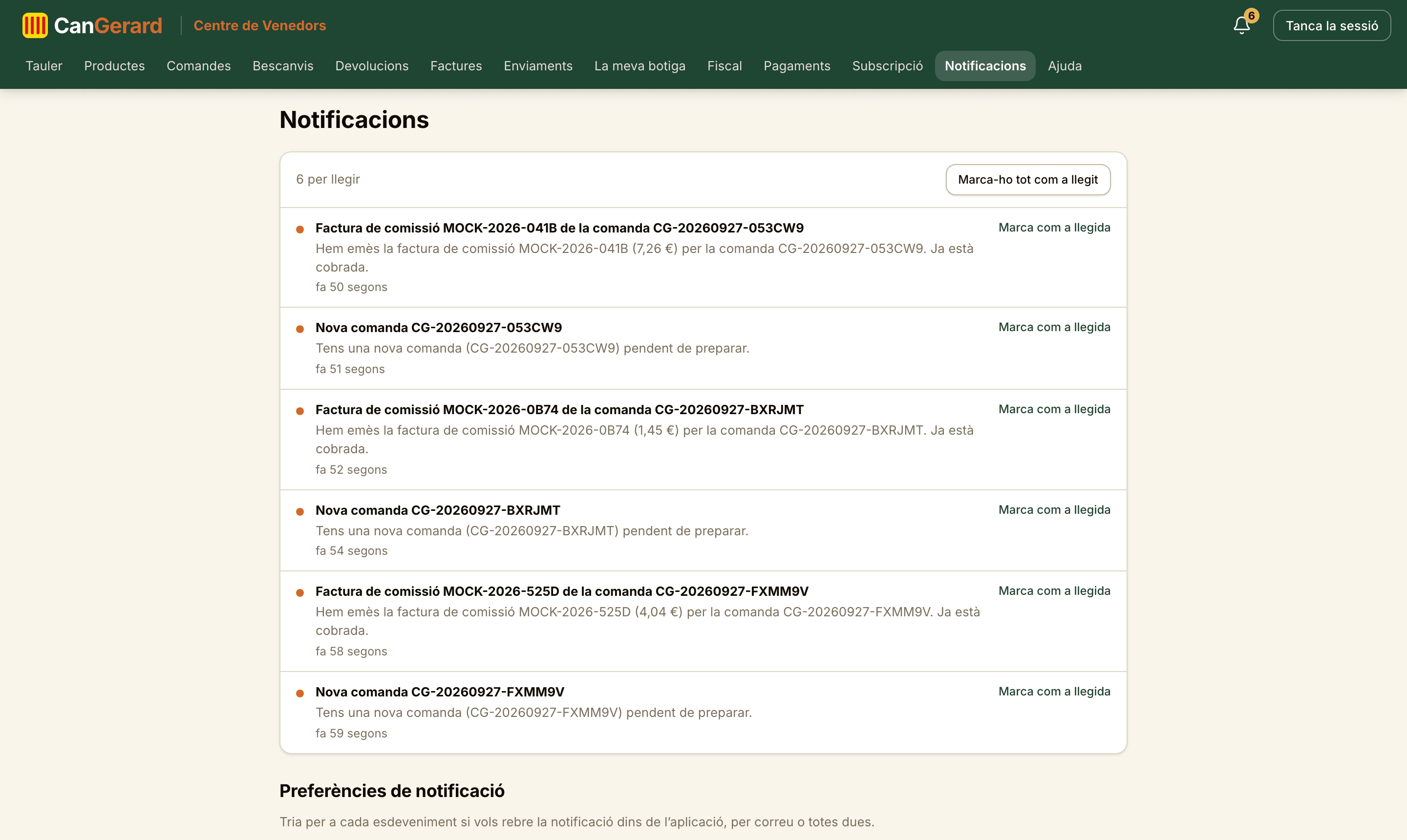 La llista de notificacions. La matriu de preferències és més avall, a la mateixa pàgina.