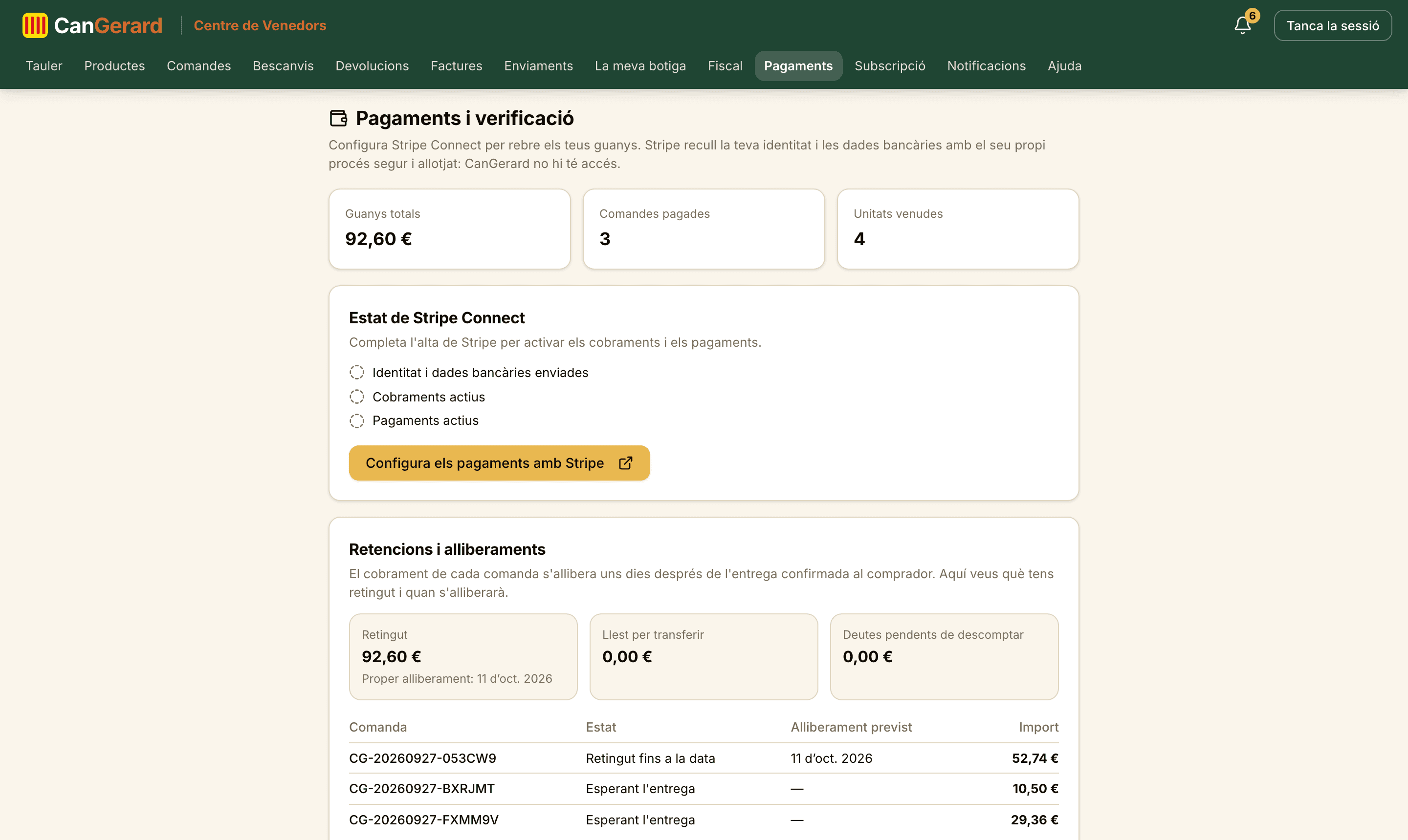 La pàgina Pagaments: guanys, estat de Stripe Connect, comissió i factures de comissió.
