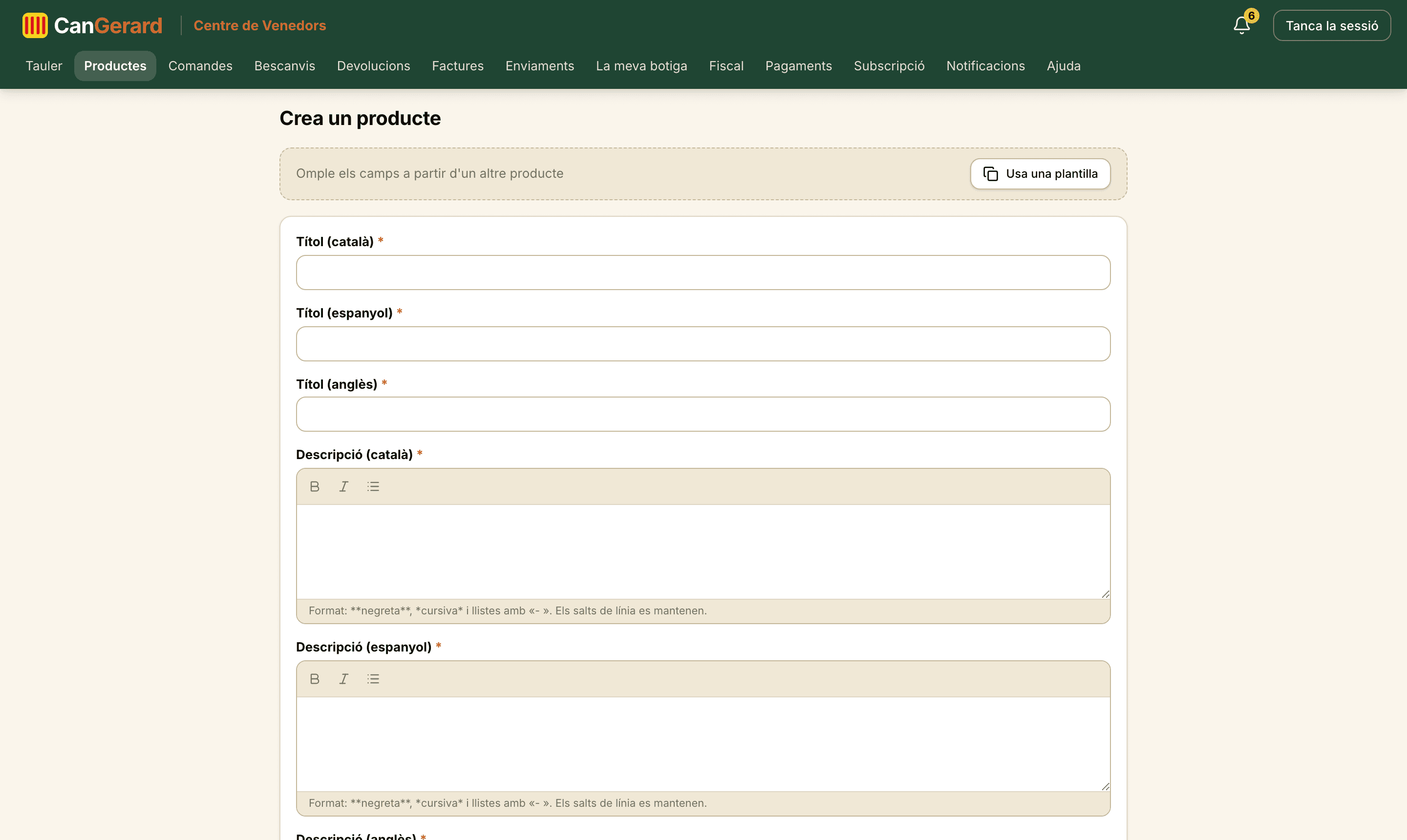 El formulari de creació de producte. A dalt de tot, la franja per omplir-lo a partir d’una plantilla.