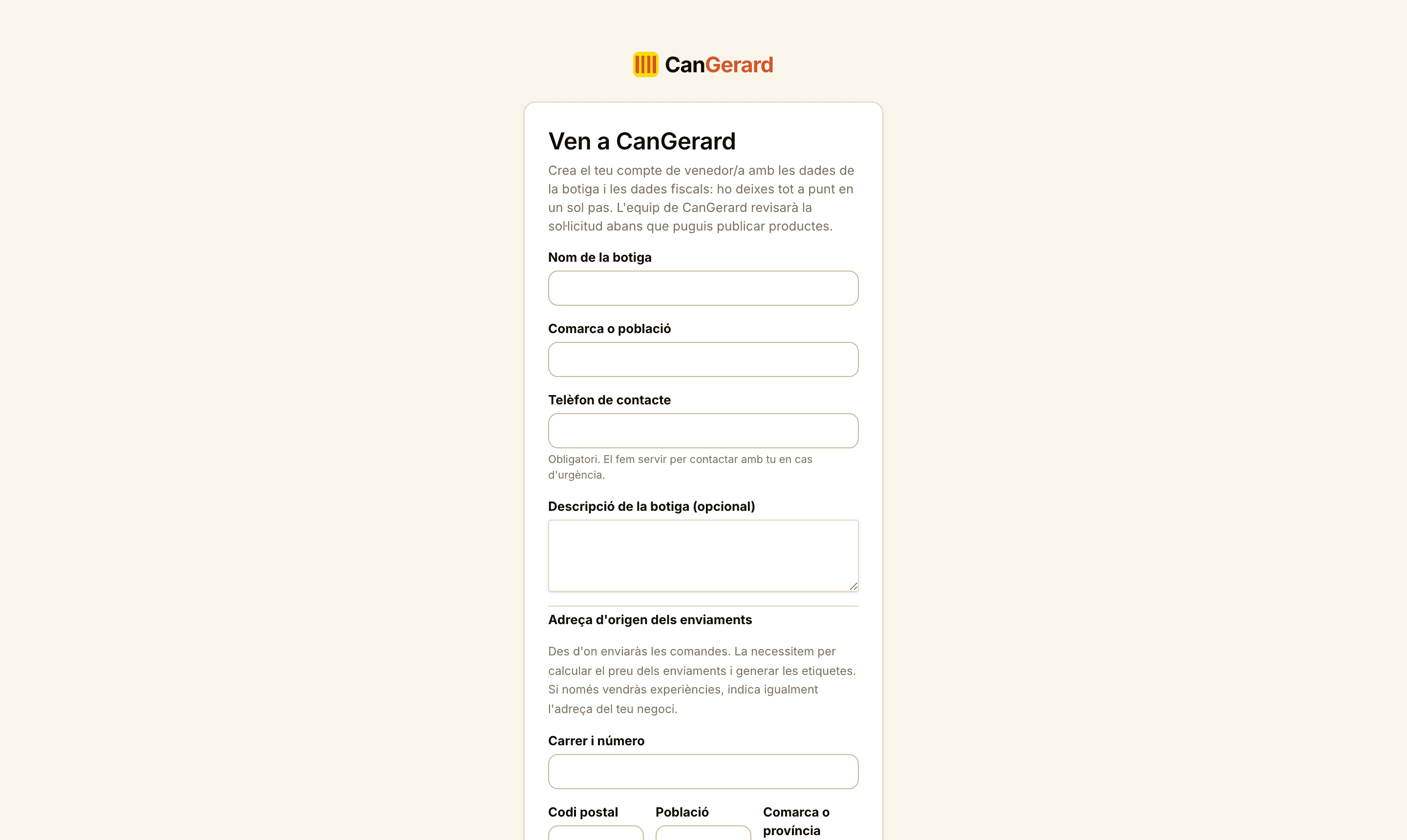 El formulari de registre de venedor/a (compte nou), amb la fitxa de la botiga, l’adreça d’origen dels enviaments i les dades fiscals.