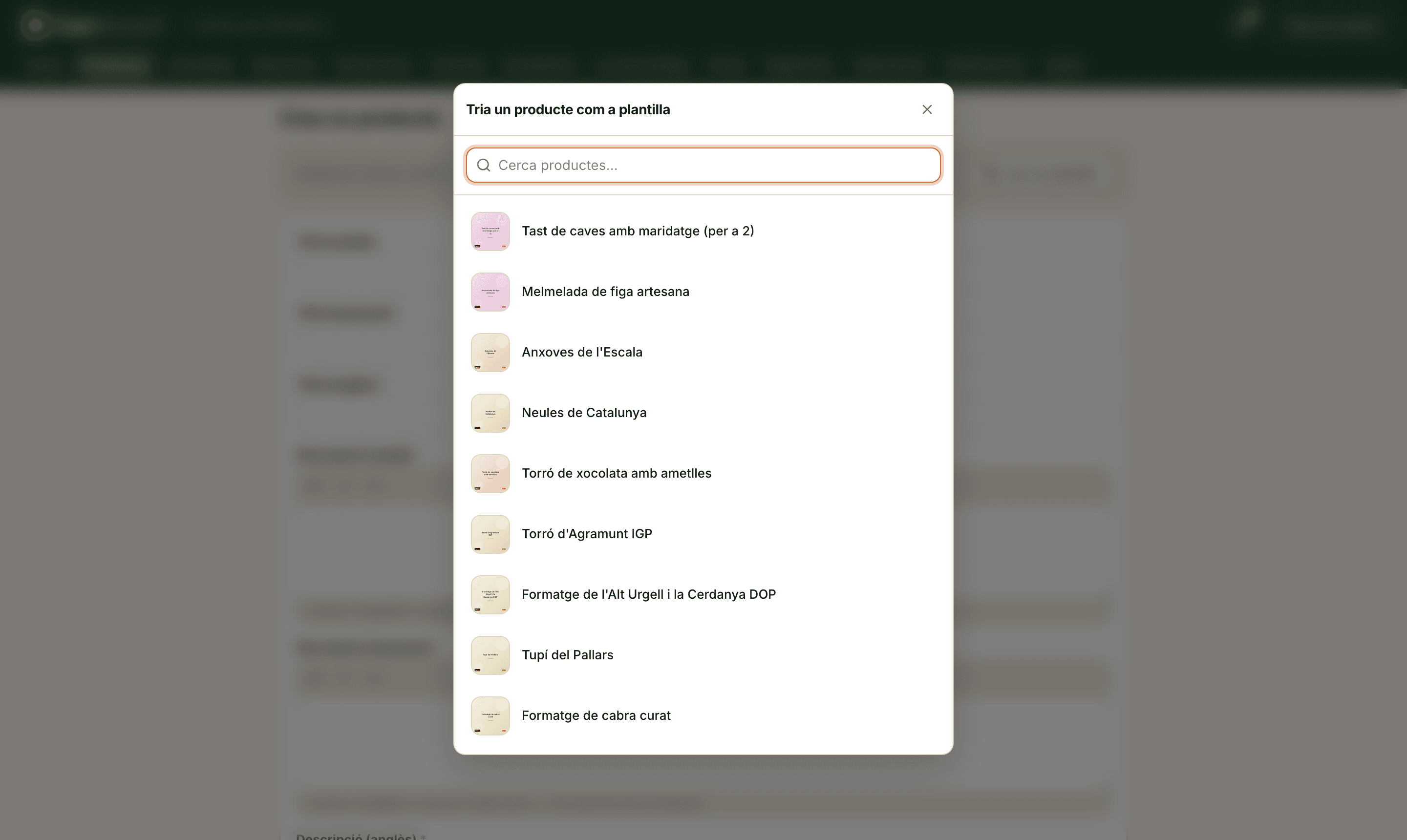 El selector de plantilles: qualsevol producte teu, cercable pel títol, a un clic.