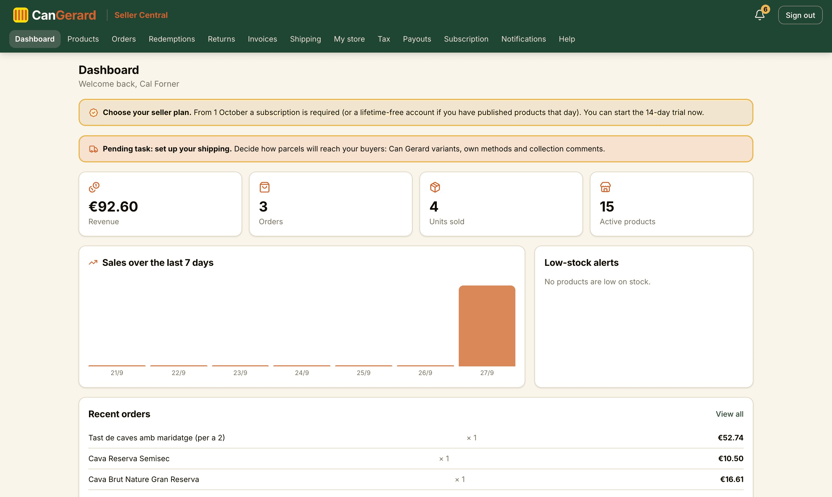 The dashboard once your store is approved: key figures, last-7-days sales, low stock and recent orders.