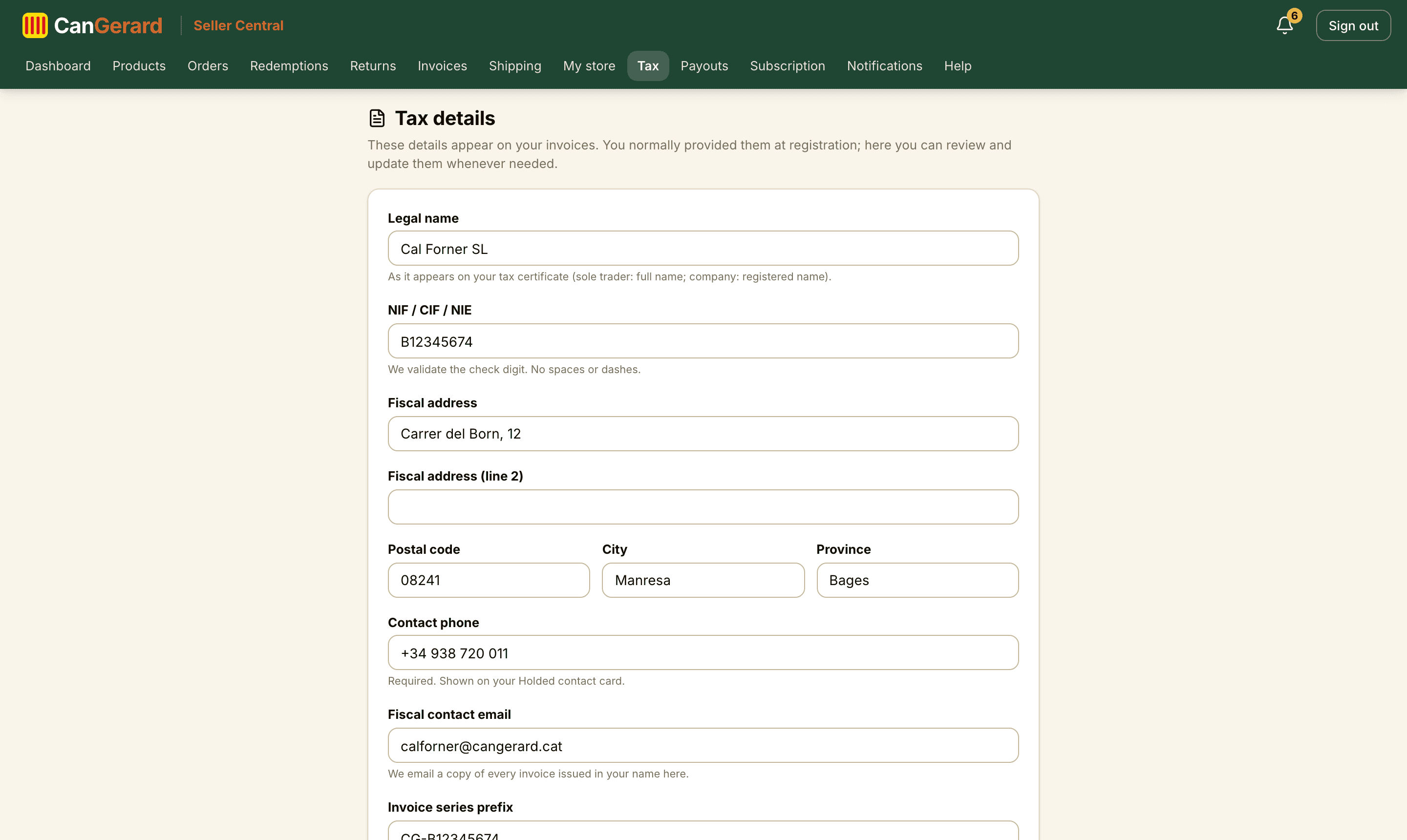 The fiscal details form: NIF/CIF, address, VAT regime and, below it, the billing agreement.