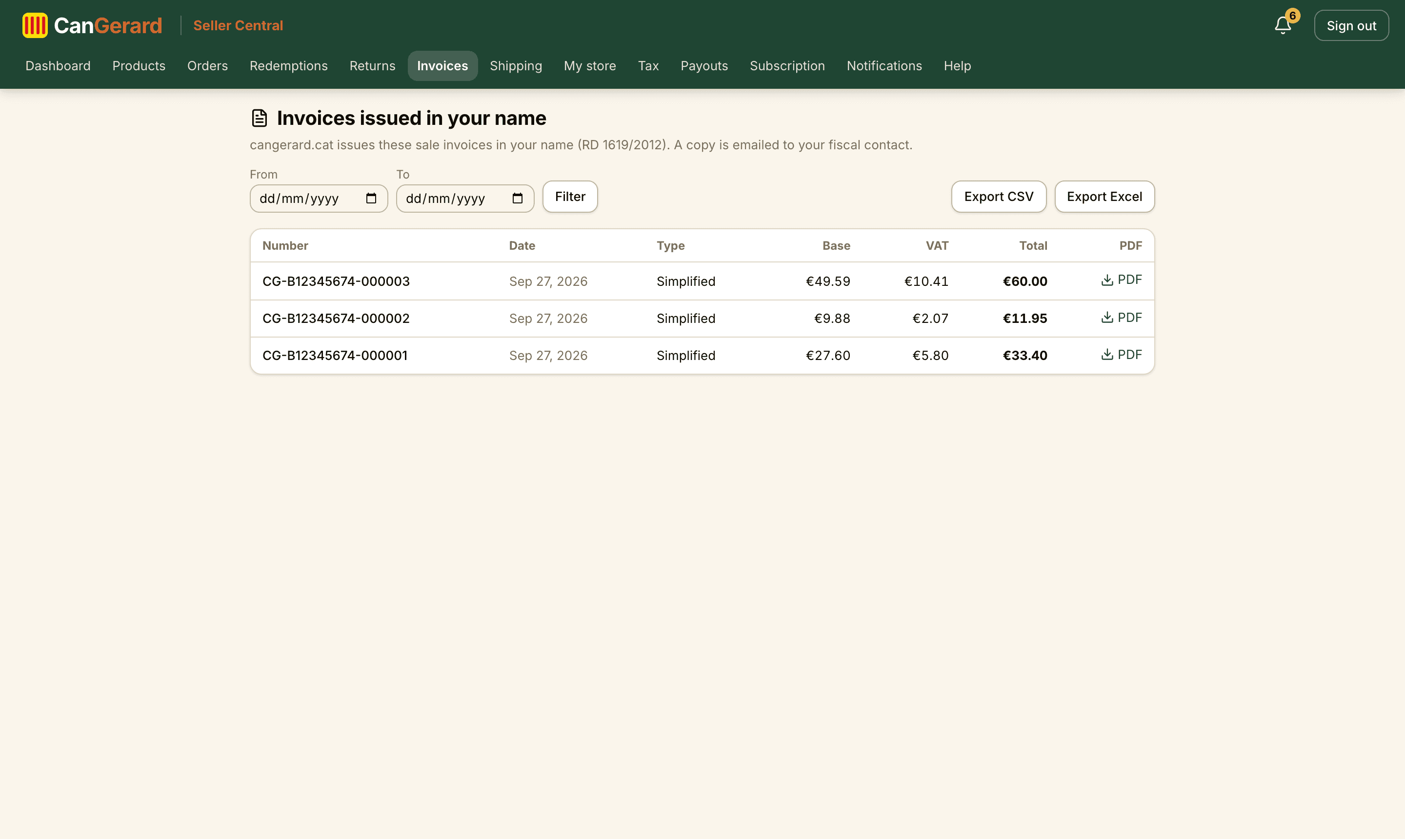 The sale invoices issued in your name, with date filters and CSV/Excel export.