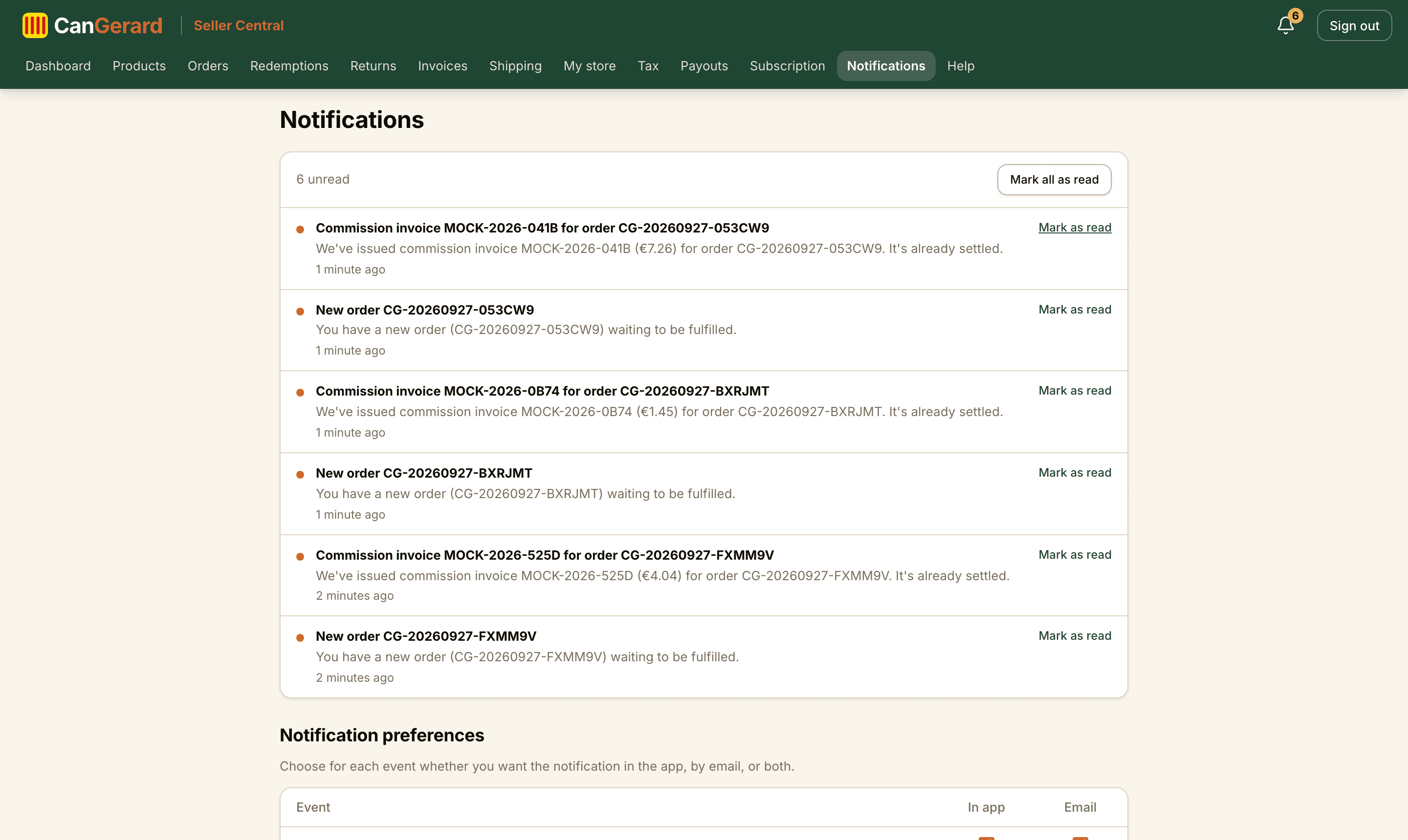 The notification list. The preference matrix sits further down the same page.