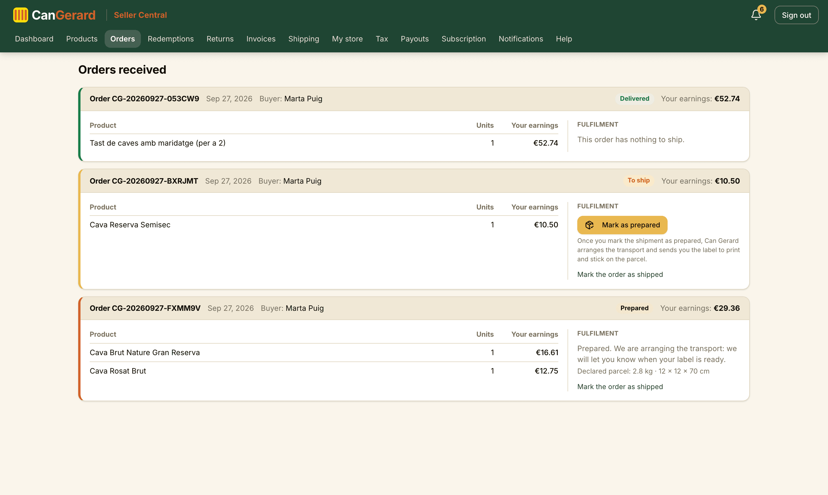 Orders received: one card per order, with the status colour stripe, the lines with your earnings and the shipping controls.