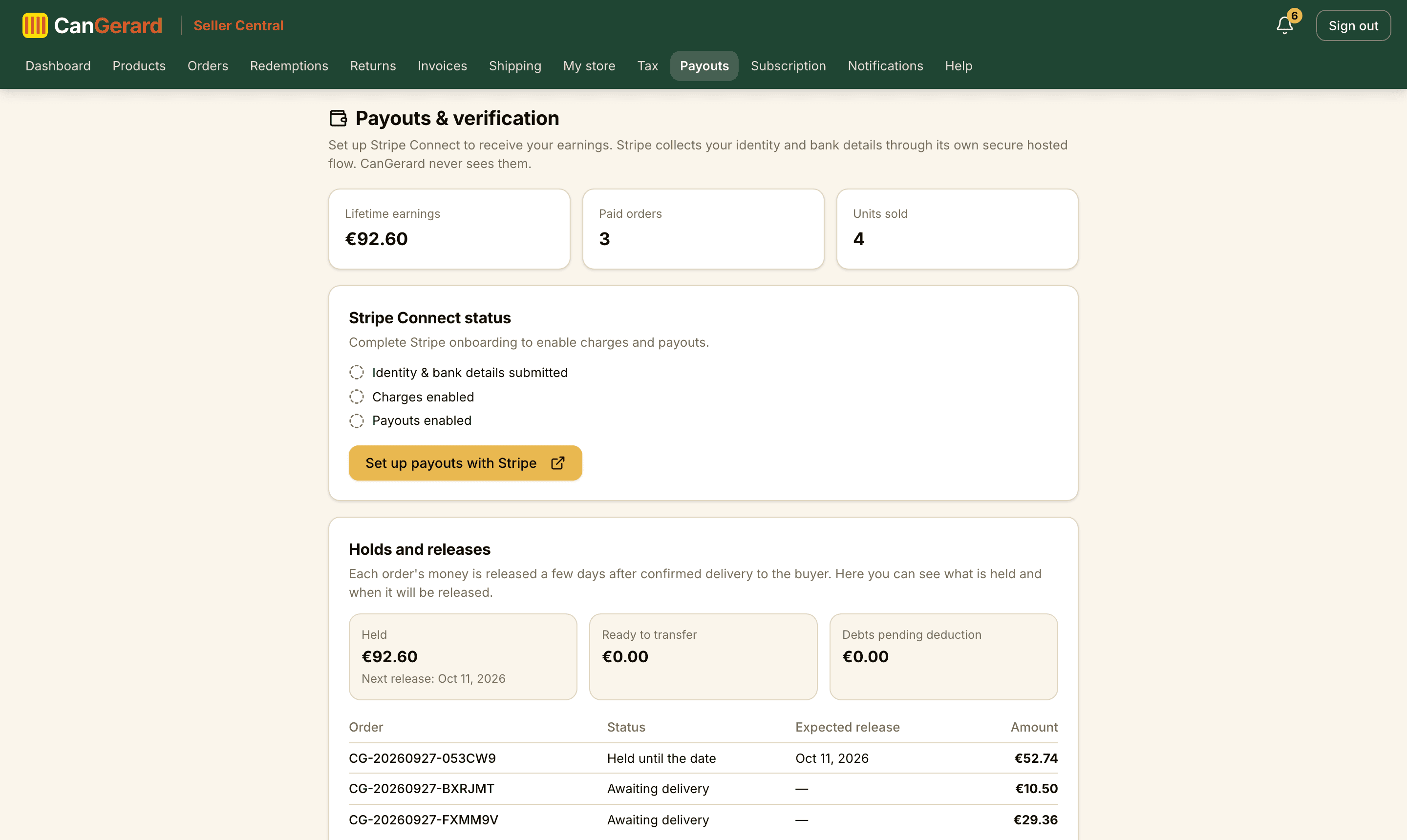 The Payouts page: earnings, Stripe Connect status, commission and commission invoices.