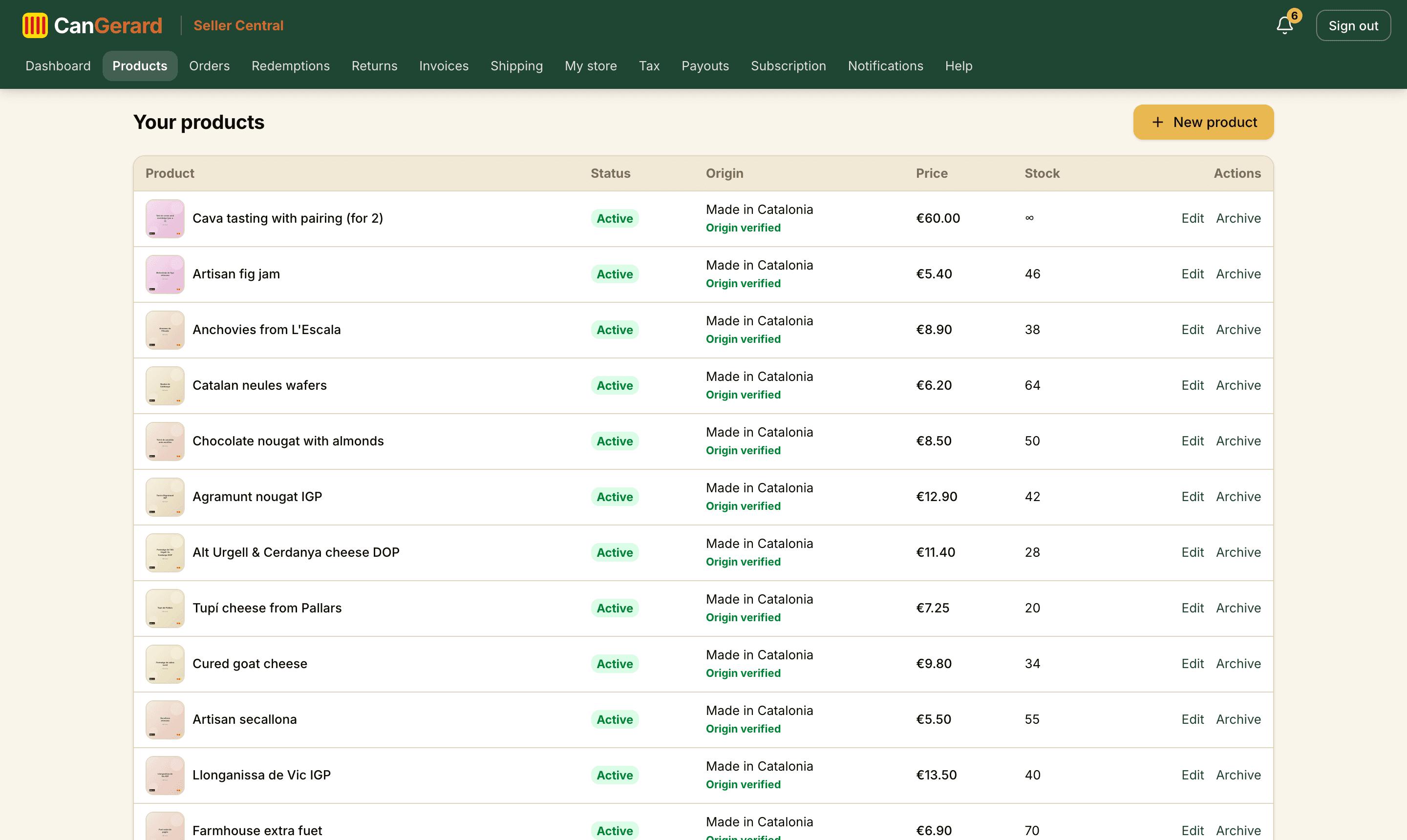 The seller’s product list, with status and origin verification.