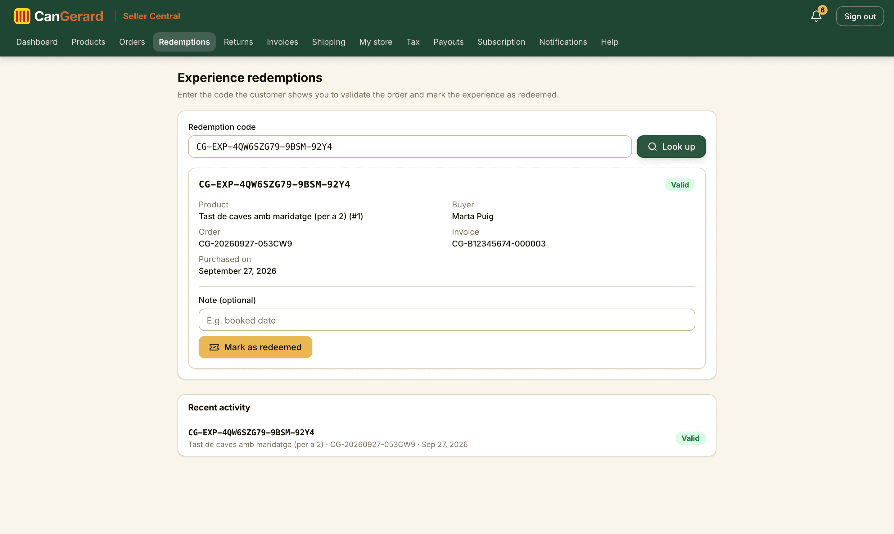 The redemptions page: look up the code, check the details and mark it as redeemed.