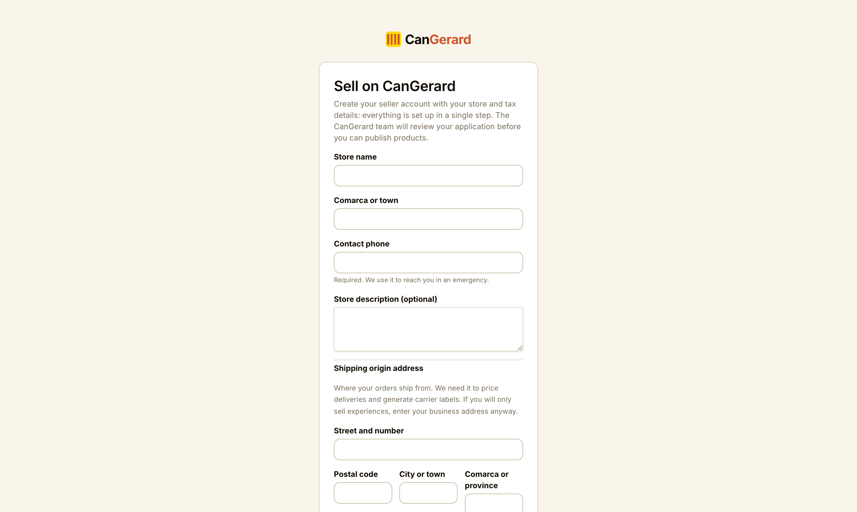The seller sign-up form (new account), with the store profile, the shipping origin address and the tax details.