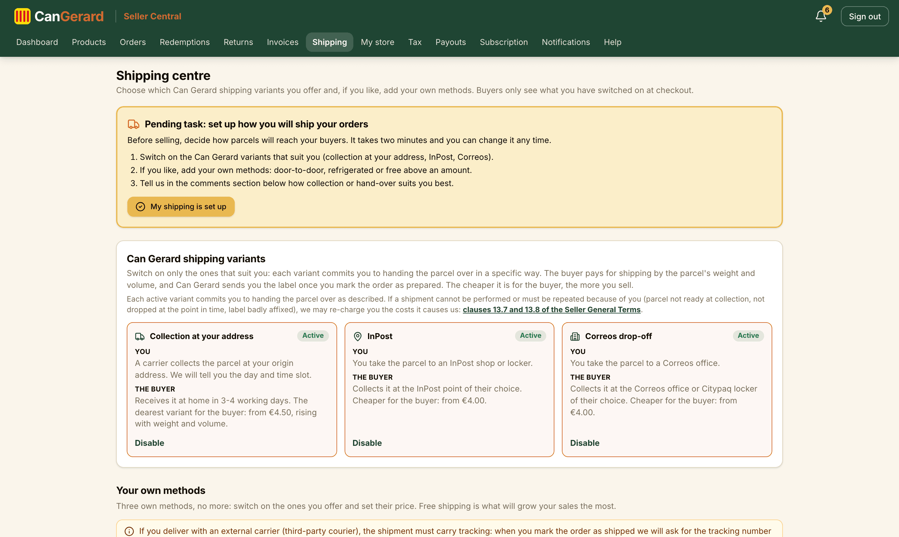 The Shipping centre: the Can Gerard variants, the three own methods and the shipping comments.