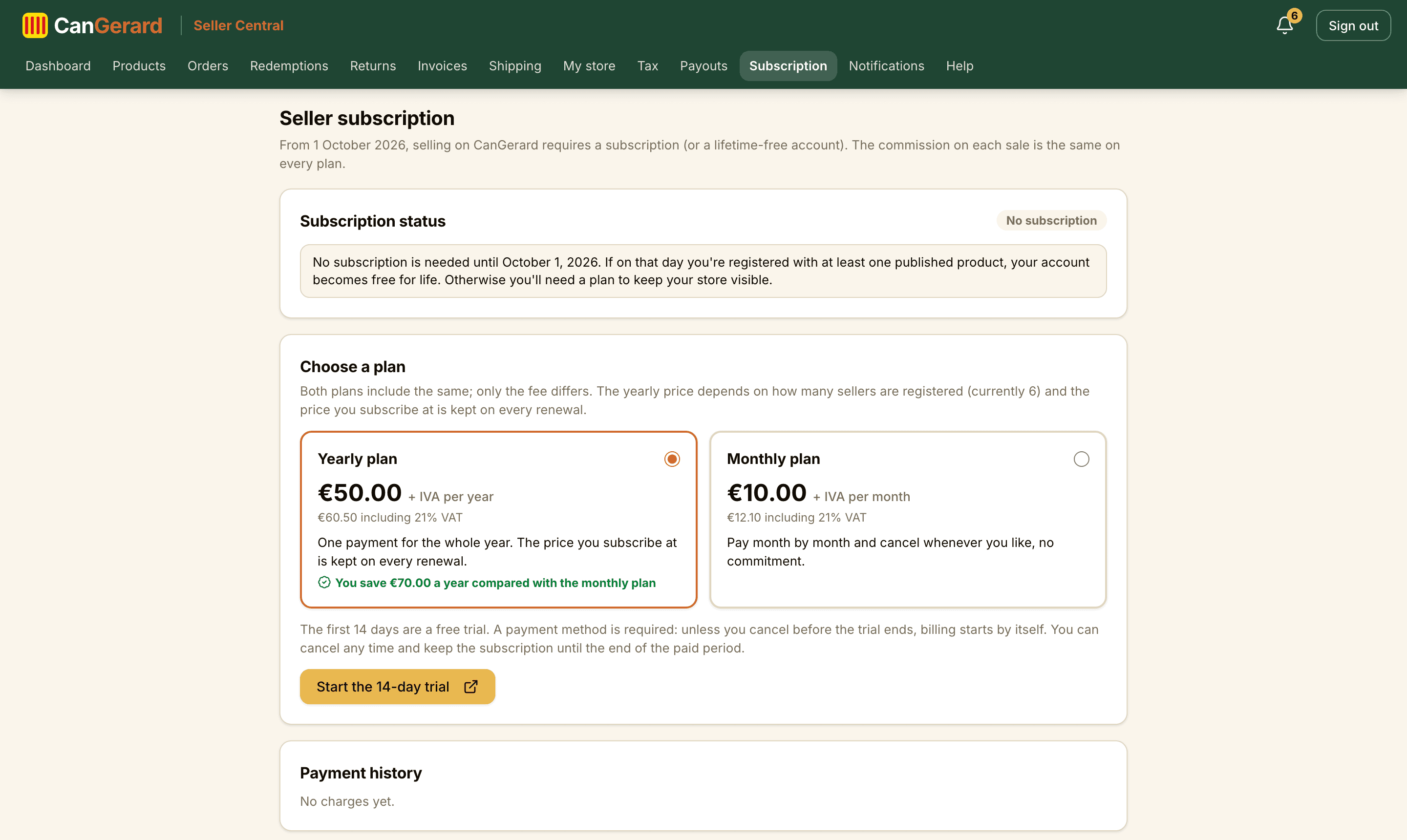 The Subscription page before subscribing: the status, both plans with the price before and after VAT, and the button to start the trial.
