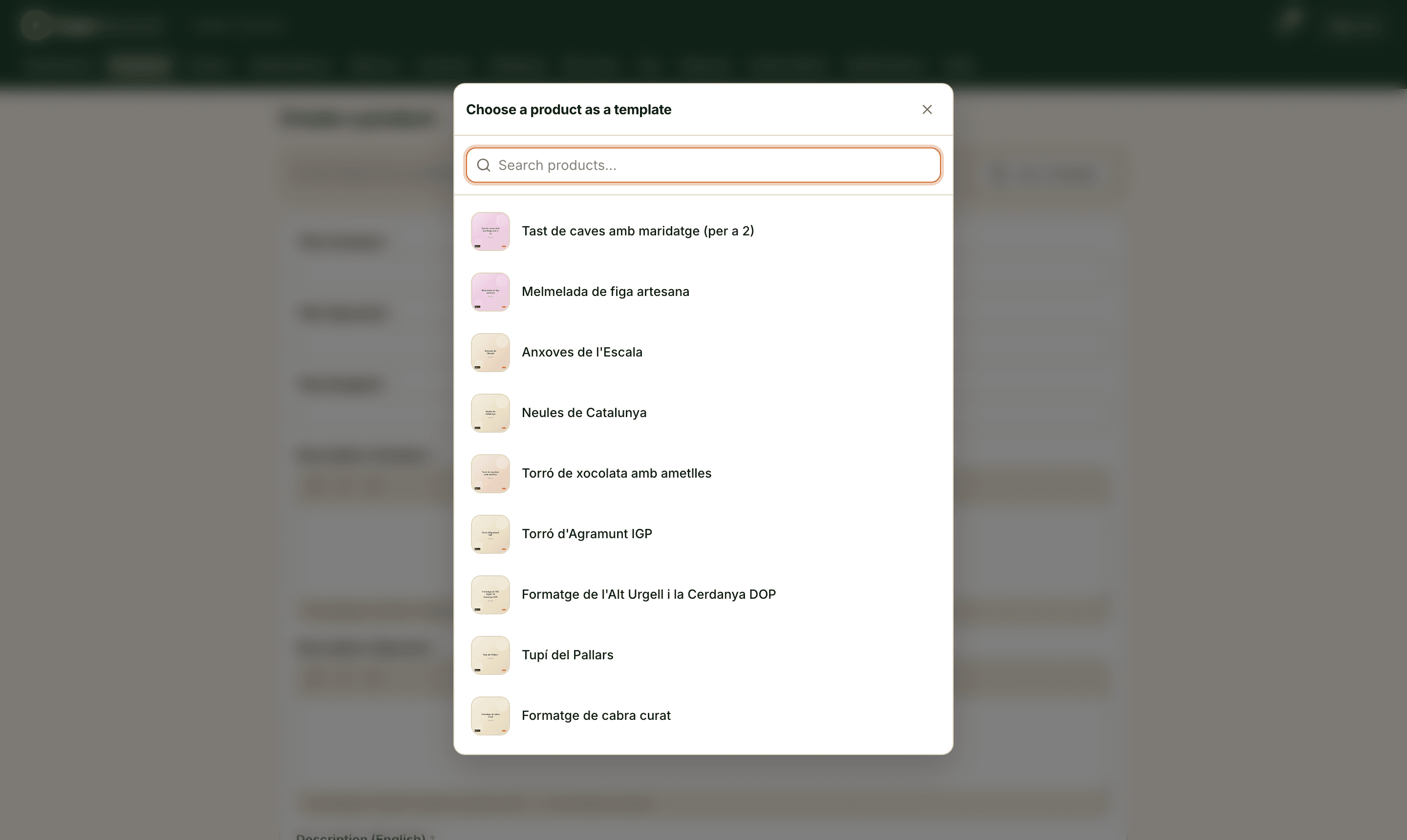 The template picker: any product of yours, searchable by title, one click away.